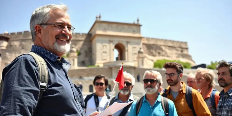 A cheerful tour guide leading a group of travelers at a historic site, showcasing the contrast to when the traveler hired the wrong tour guide.