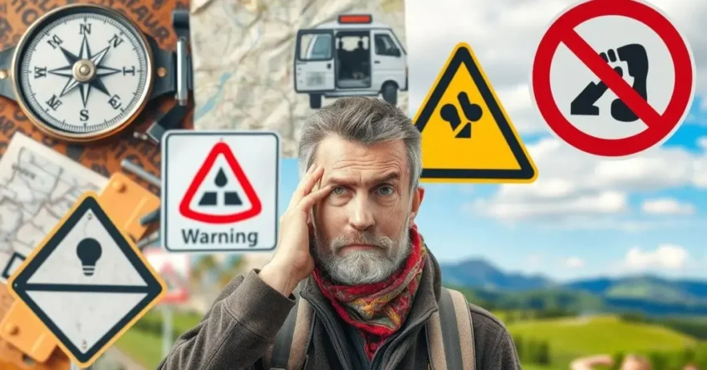 A frustrated traveler surrounded by warning signs and travel tools, representing the challenges when the traveler hired the wrong tour guide