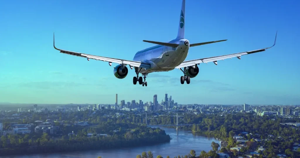 A split image showing a modern high-speed train on one side and a commercial airplane taking off on the other, representing travel options from Lisbon to Madrid by train or fly.