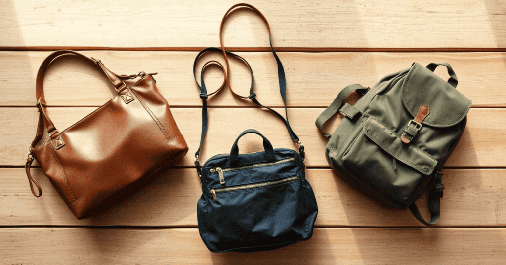 A stylish travel purse, including a leather handbag, nylon crossbody, and canvas backpack, showcasing versatile styles for different travel occasions.