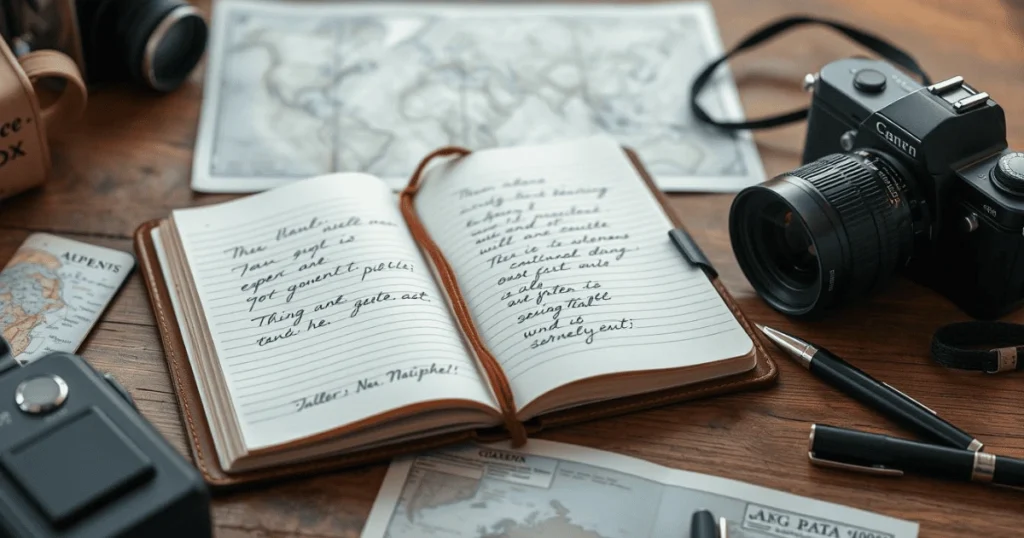 Open travelers notebook on a wooden table, surrounded by a camera, map, and pen, with handwritten notes visible.