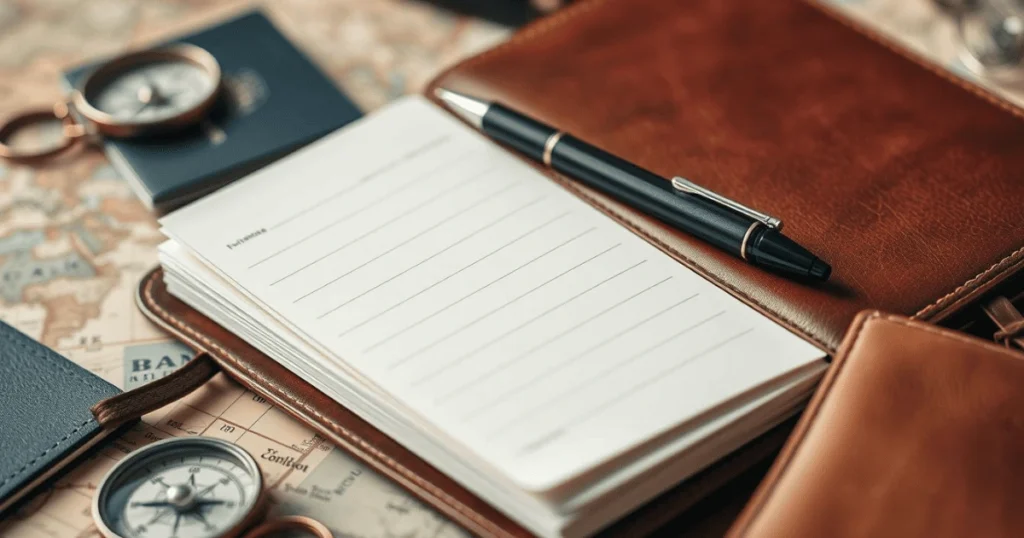 Close-up of a travelers notebook with leather cover, refillable inserts, and travel essentials like a compass, passport, and map.