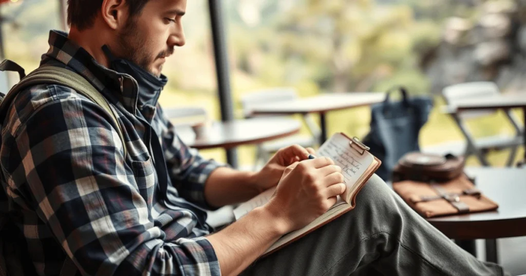 Explorer writing in a travelers notebook at a café, with backpack and travel essentials in the background.