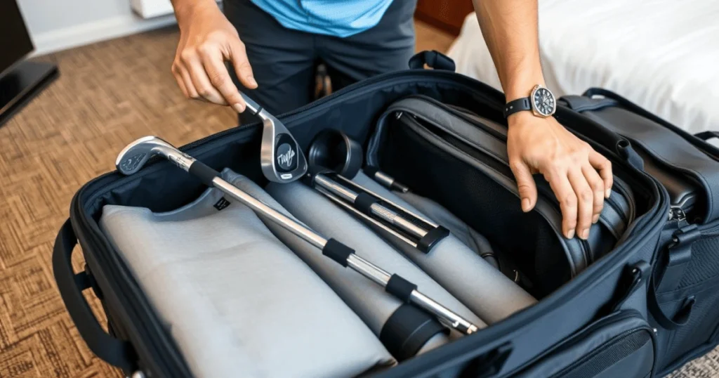 Golfer packing golf clubs into a golf travel bag with reinforced padding for protection.