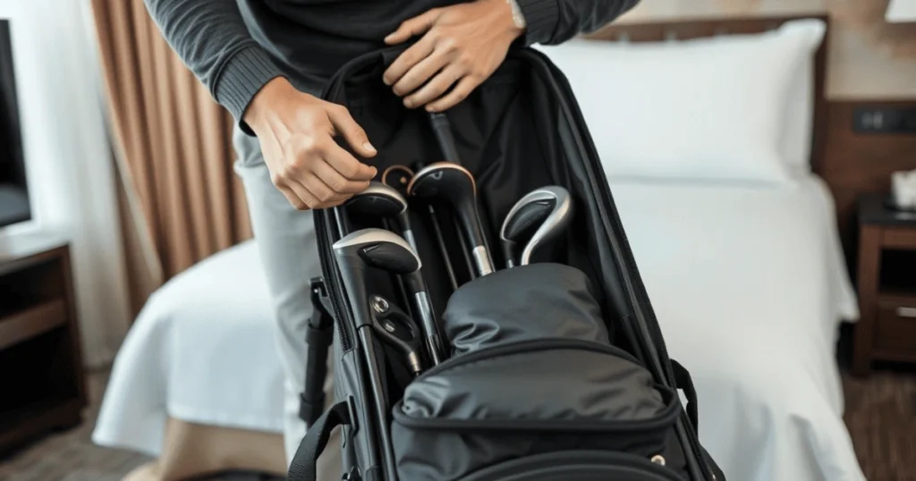 Golfer loading a golf travel bag into a car, showcasing its portability and convenience for road trips.