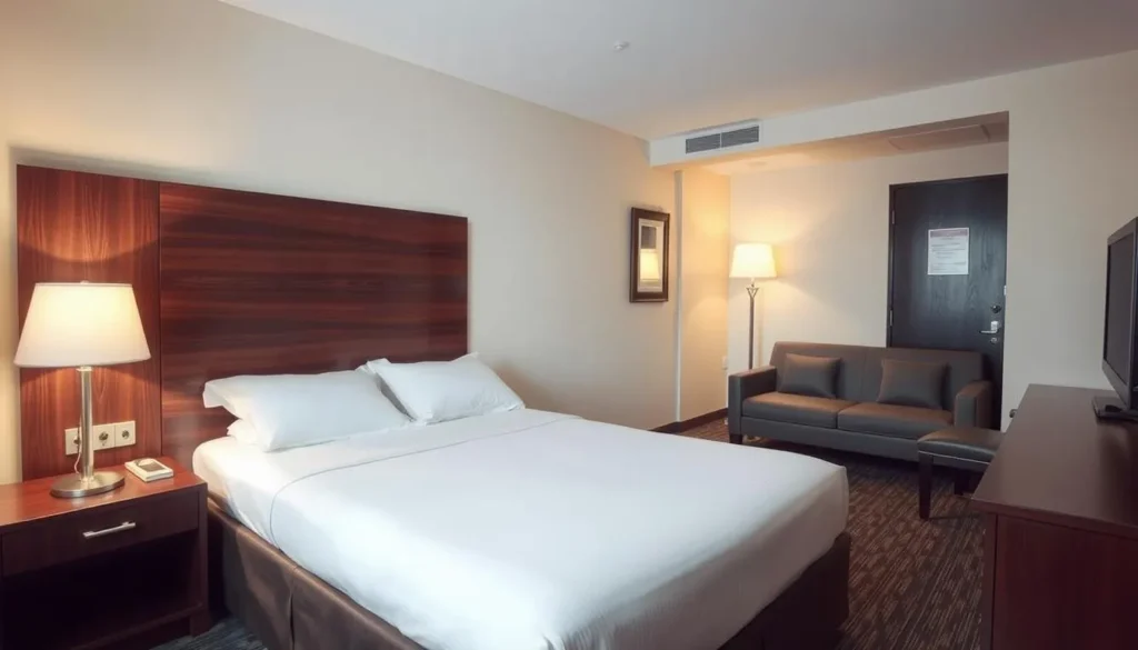 A Travelers Inn room with a neatly made bed, a bedside table with a lamp, a desk, and a wall-mounted mirror.