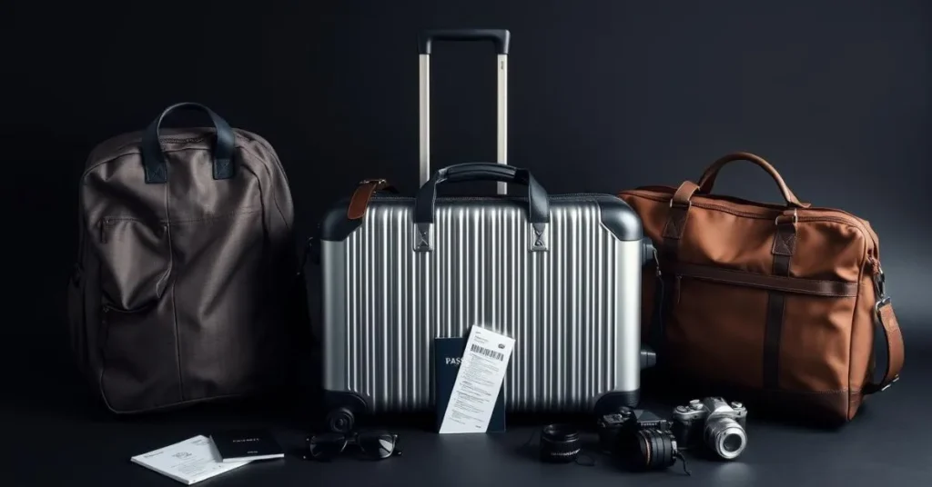 A collection of travel bags, including a sleek silver hard-shell suitcase, a brown backpack, and a brown leather duffel bag, with travel accessories like a passport, boarding pass, sunglasses, and a camera.