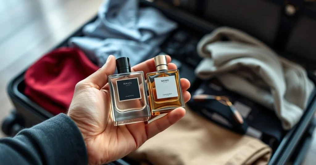 A man's hand holding a travel size perfume bottle with a blurred background of a neatly packed suitcase filled with clothes, grooming essentials, and accessories.