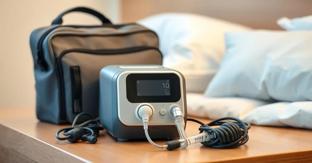 Compact travel CPAP machine on a bedside table with travel accessories.