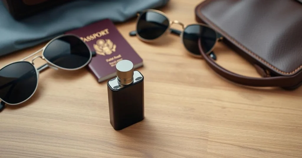 A sleek, compact travel size perfume bottle on a wooden surface, surrounded by essential travel items including a passport, sunglasses, and a leather bag, creating a minimalist and stylish vibe.