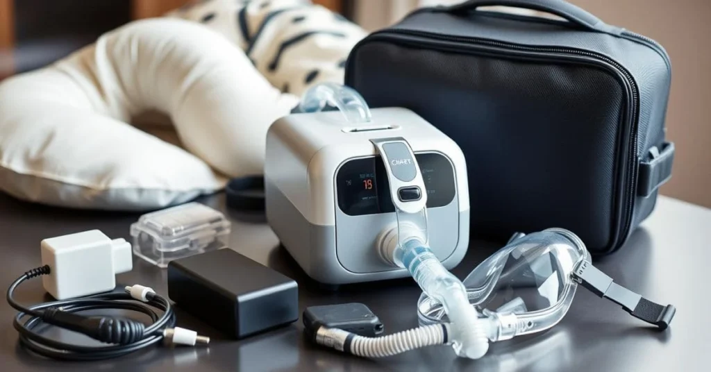 Travel CPAP machine surrounded by accessories like a mask, battery pack, and power adapter.