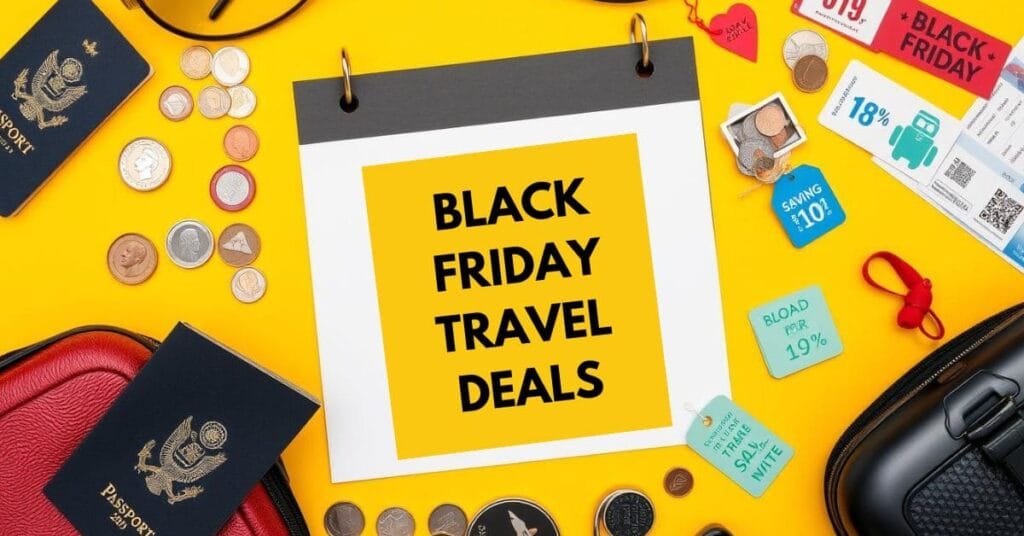 A calendar page with Black Friday Travel Deals written on it, surrounded by travel-related items like passports, coins, and luggage tags.