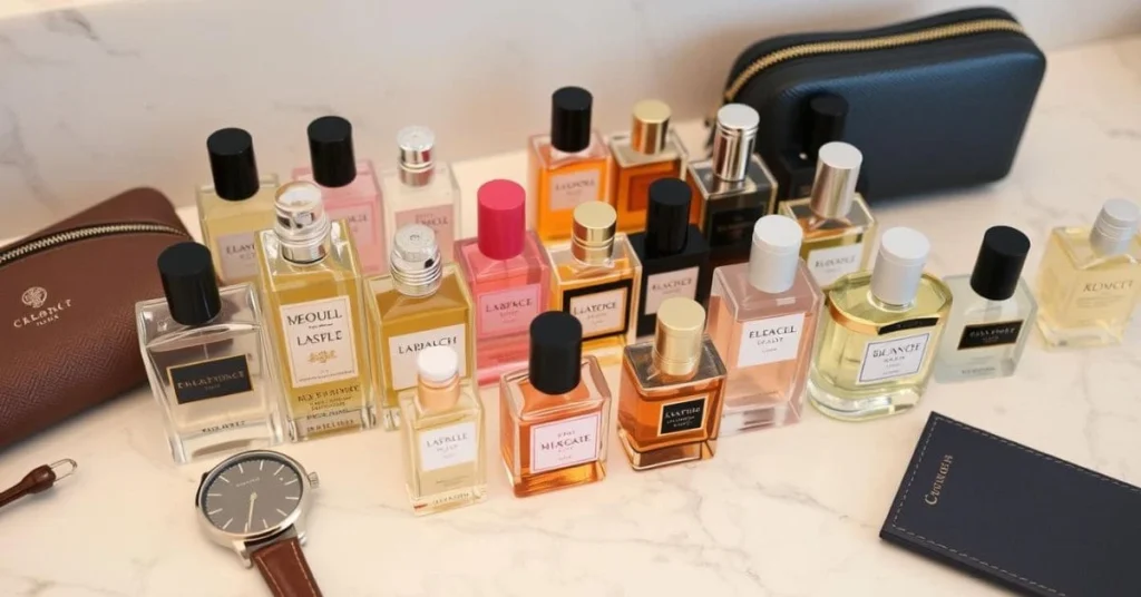 A collection of travel size perfume bottles arranged neatly on a marble countertop, featuring various designs and popular brands. Surrounding them are travel accessories like a wristwatch, a small toiletry bag, and a map, highlighting a stylish and practical travel theme.