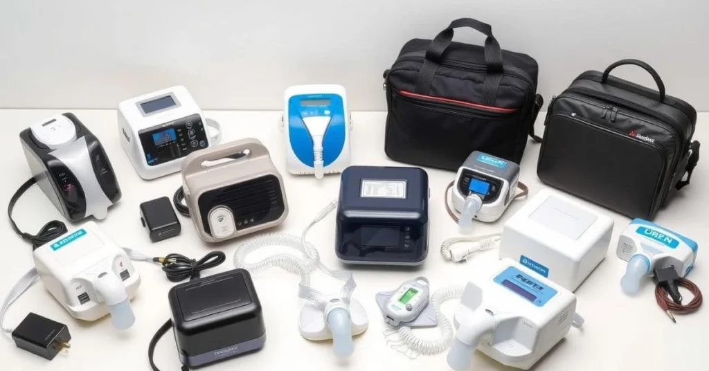 A selection of top travel CPAP machines with accessories like masks and power adapters.