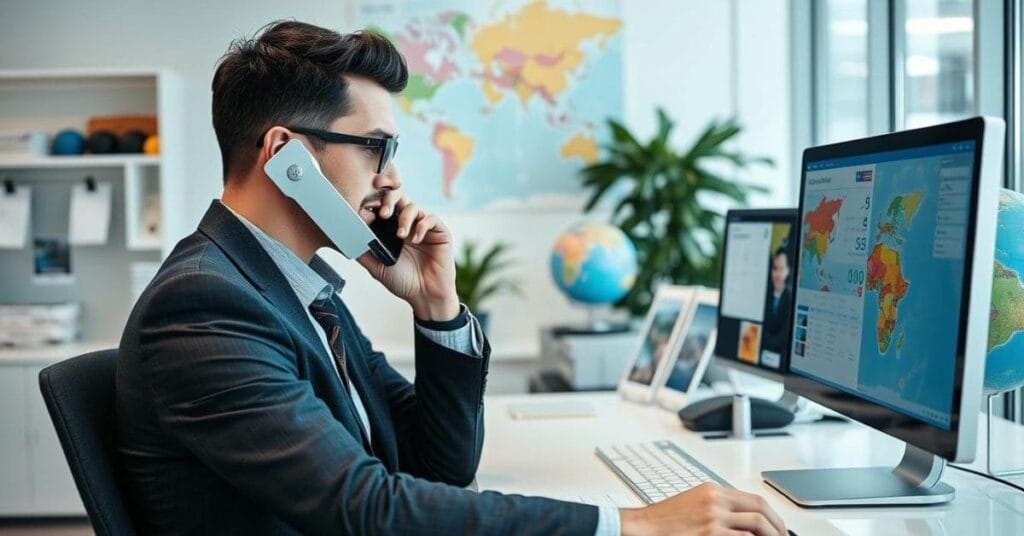 Male travel agent in a modern office, explaining travel planning with travel booking software and a globe in the background. Learn how do you become a travel agent.