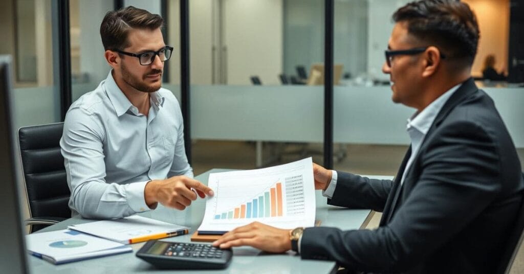 Male travel agent discussing earnings with a client, pointing to a chart showing growth in travel bookings and commissions. Learn how do you become a travel agent.