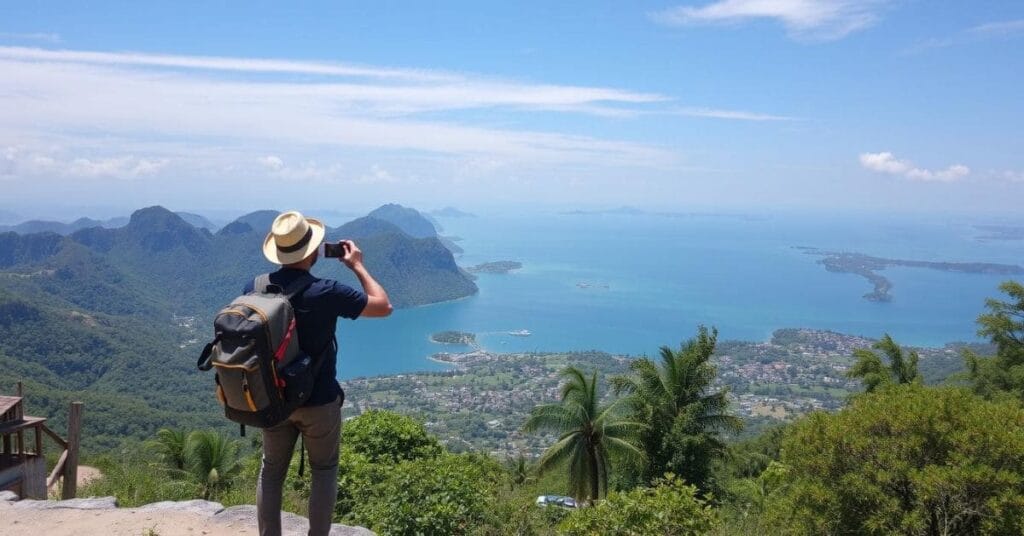 A traveler with a backpack and hat capturing the stunning ocean view from a mountaintop, symbolizing adventure and exploration with the help of a Phoenix travel agent specialising in Hawaii.