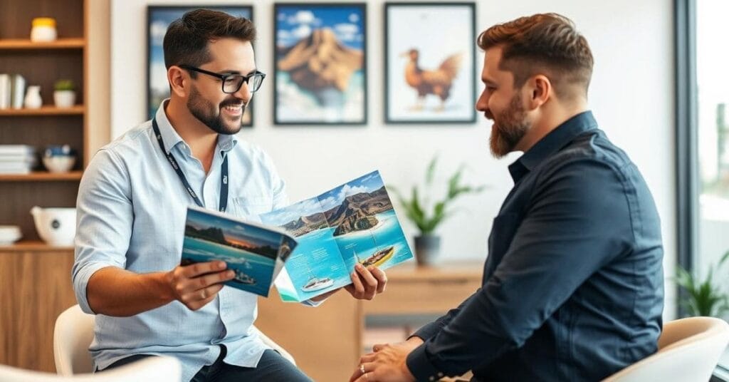 A friendly Phoenix travel agent specializing in Hawaii discussing vacation plans with a client using a colorful brochure of Hawaiian destinations.