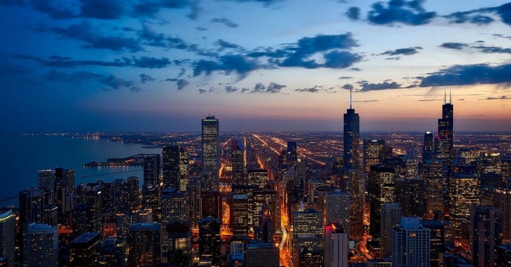 Chicago skyline at night, showcasing the city's vibrant lights, one of the best places to visit in USA for first time travelers.