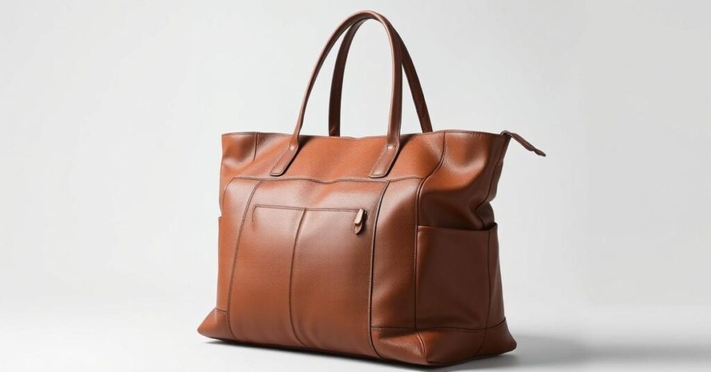 A large faux leather tote bag for travel, featuring durable handles and a spacious design perfect for carrying travel essentials.