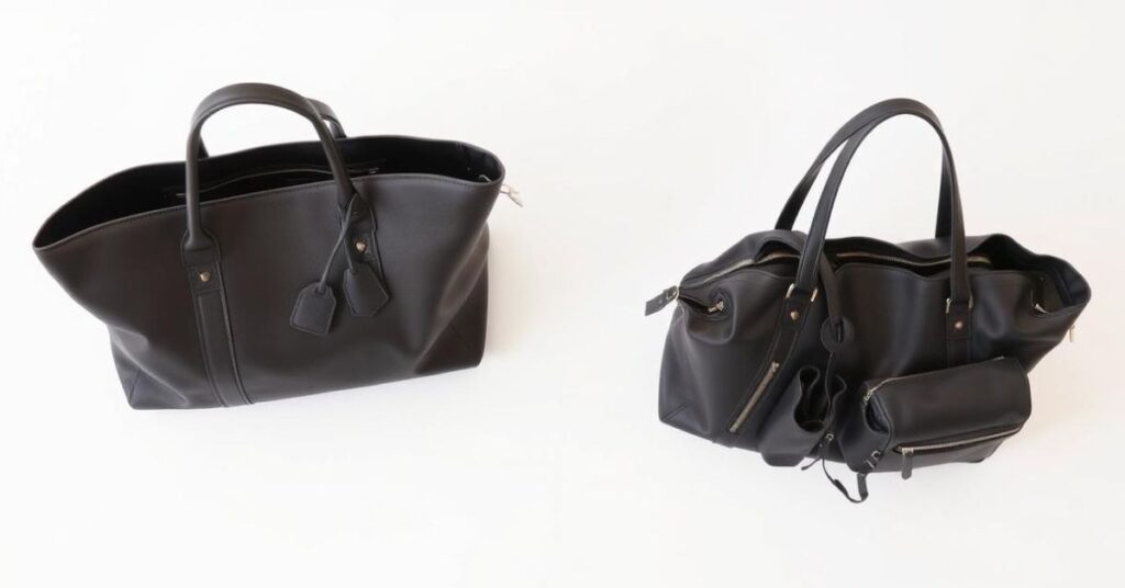 Two large faux leather tote bags for travel, showcasing different designs with spacious compartments and durable handles.