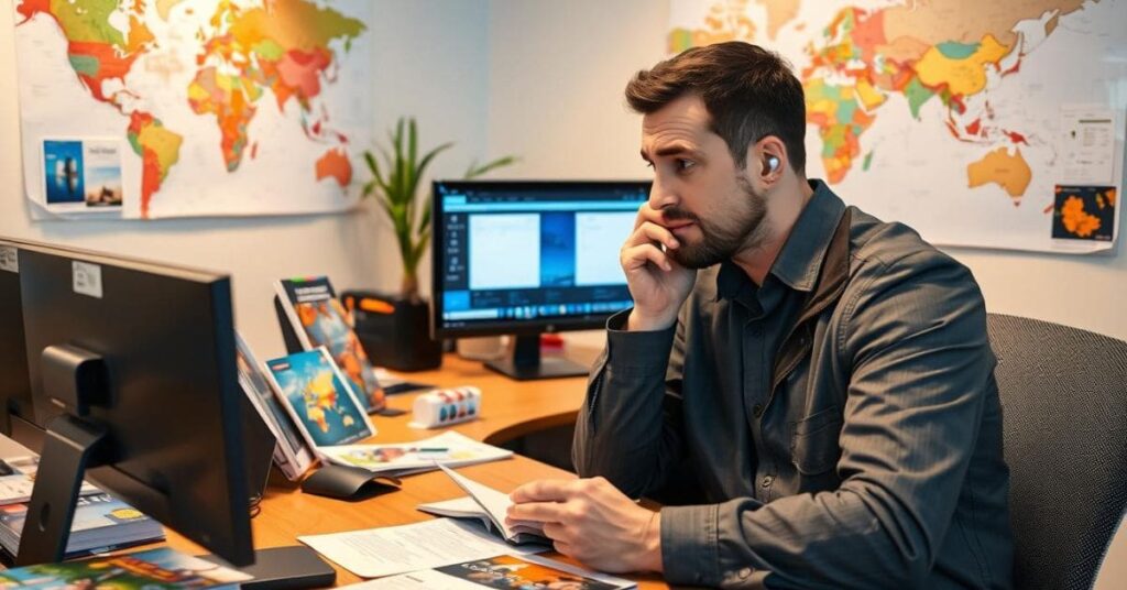 Man working as a travel agent in a modern office setting, surrounded by travel brochures and booking software.