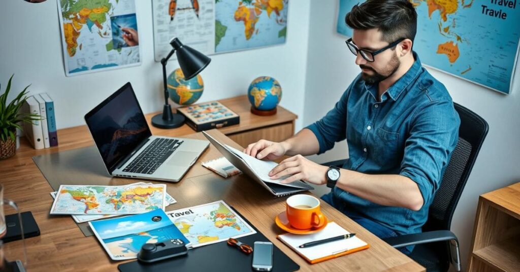 Man setting up his home office to become a travel agent with travel brochures and a laptop.