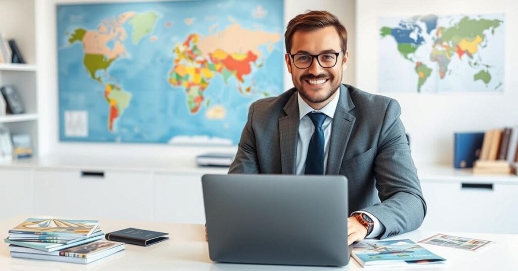 Professional male travel agent working at a desk with a laptop, surrounded by travel brochures, a world map, and a passport, symbolizing global travel expertise.