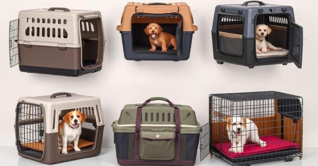 A collection of six different dog travel crates featuring dogs comfortably seated inside, showcasing various designs and styles for safe pet travel.