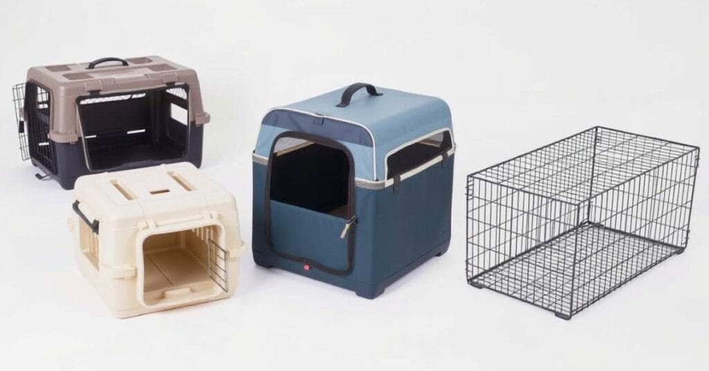 Four dog travel crates in different styles and sizes, ideal for ensuring safe and comfortable travel for pets.