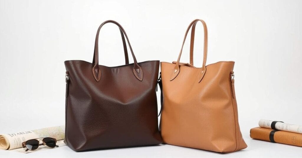 Two large faux leather tote bag for travel with zipper, displayed in different colors and designs, highlighting their functionality and style.