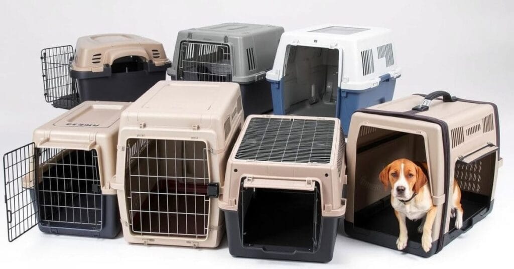 A variety of large dog travel crates in different designs, including plastic, metal, and fabric options, ideal for ensuring comfort and security during travel.