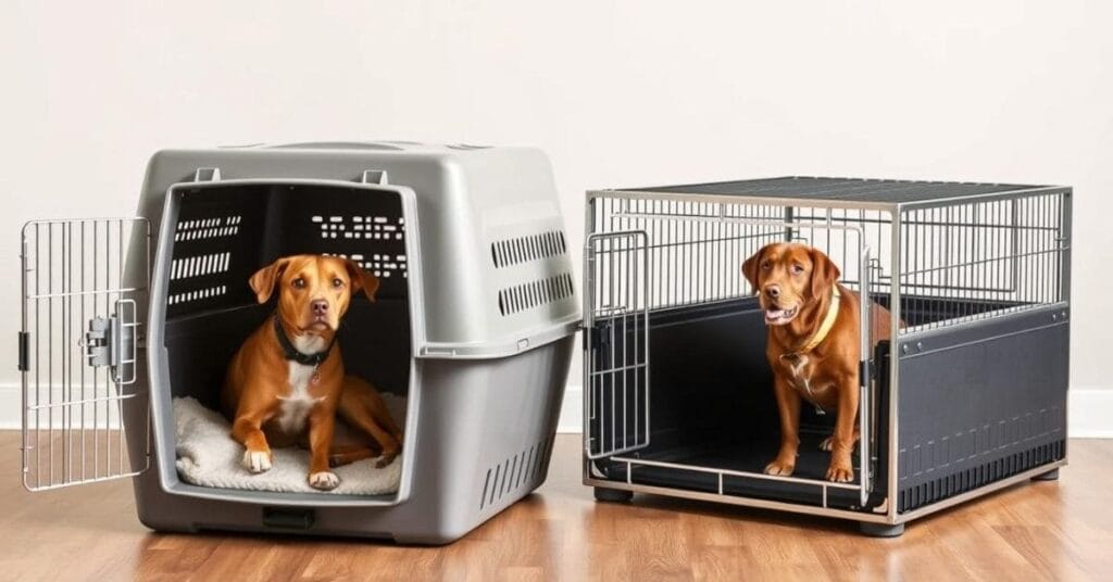 Two large dog travel crates, one made of sturdy plastic and the other of durable metal, showcasing secure doors and ventilation for comfortable travel.