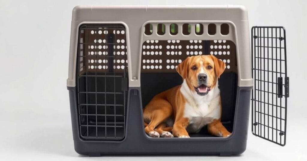 A single large dog travel crate made of sturdy plastic, featuring secure doors and ventilation for safe and comfortable travel.