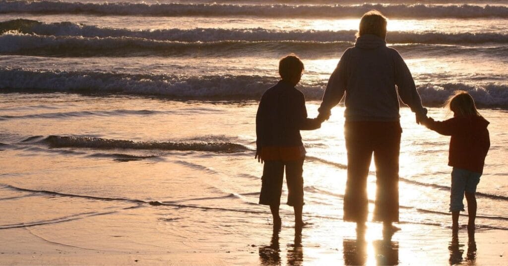 Family holding hands and enjoying the serene sunset while exploring the things to do in Edisto Island Beach Driftwood Beach.