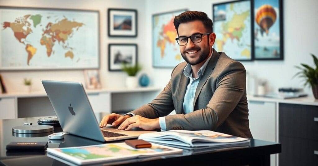 A smiling travel agent working on a laptop in a modern office with maps and travel-related decor, illustrating how to become a travel agent.