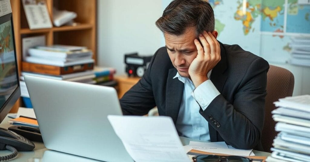 Hands counting money on a desk with a calculator and laptop, illustrating the financial aspect of becoming a travel agent.