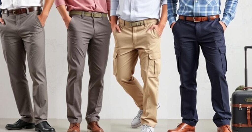 Four pairs of the best travel pants for men, displayed to highlight their versatile design and functionality for travel.