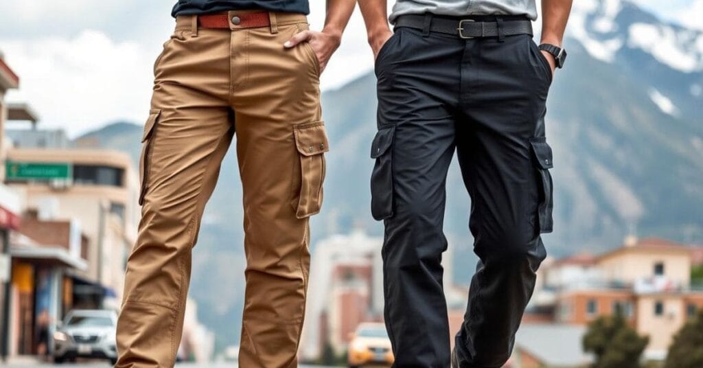 Two men wearing the best travel pants, showcasing comfort and durability for adventures.