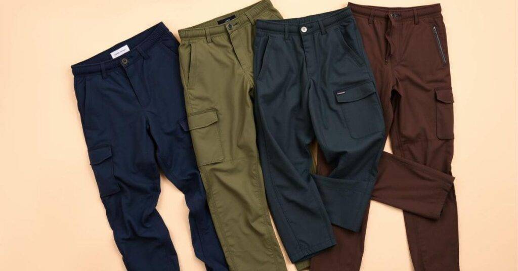 Four pairs of the best travel pants for men, each showcasing unique styles, materials, and features designed for comfort, durability, and versatility during travel.