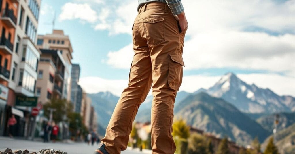 A pair of the best travel pants for men, designed for comfort and durability, featuring multiple pockets and a versatile style suitable for any adventure.