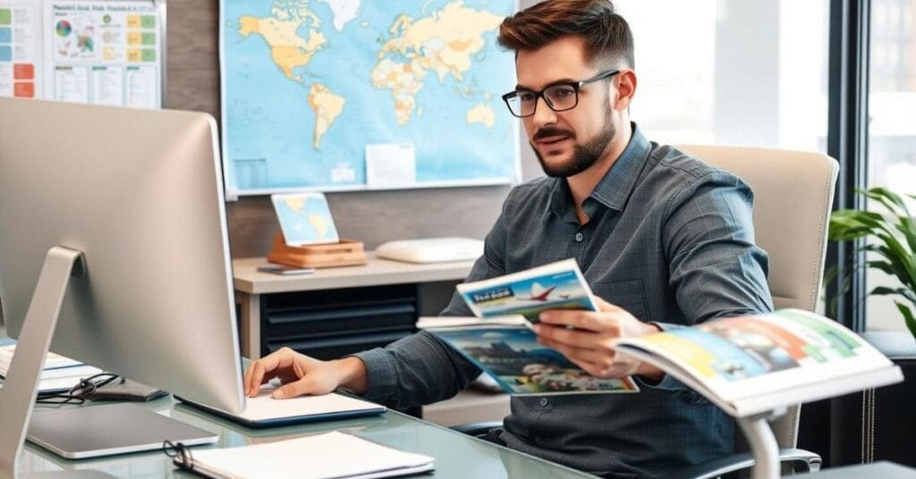 A travel agent working on a computer and reviewing travel brochures, demonstrating how do travel agents get paid.