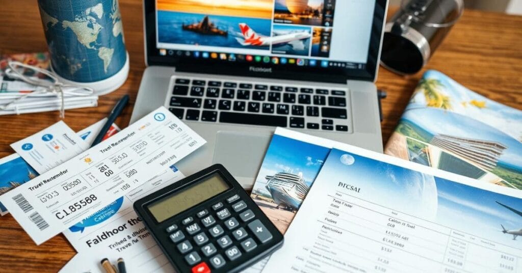 A travel agent's desk with tickets, brochures, a calculator, and a laptop, demonstrating how do travel agents get paid.