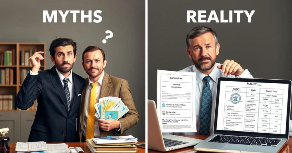 A side-by-side comparison showing myths versus reality about how travel agents get paid, with two men holding cash on the left and a professional holding commission sheets and a laptop on the right.