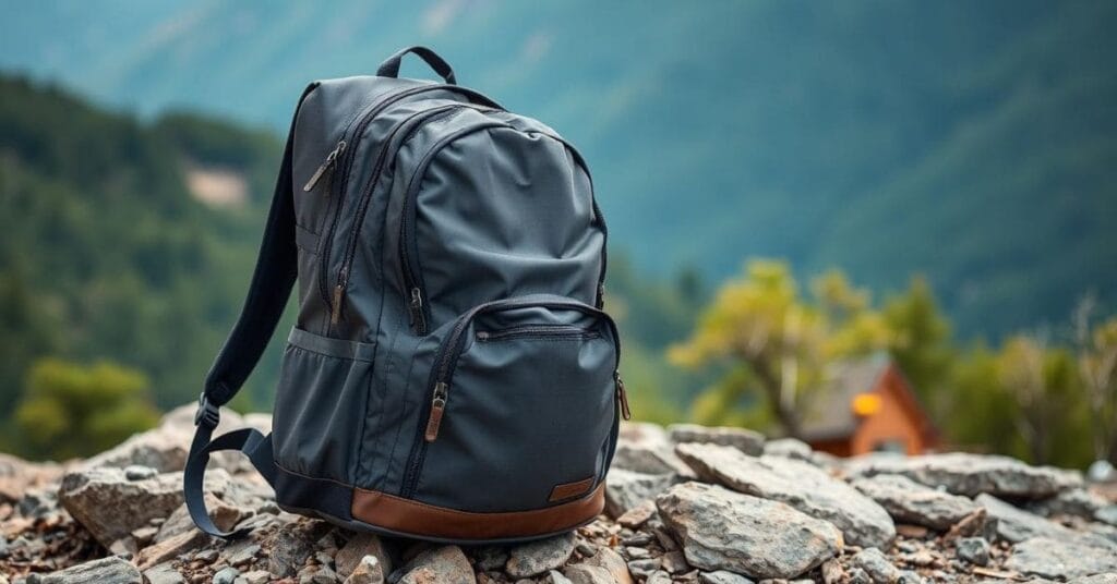 A black female travel backpack sits on a pile of rocks with a mountain range in the background.