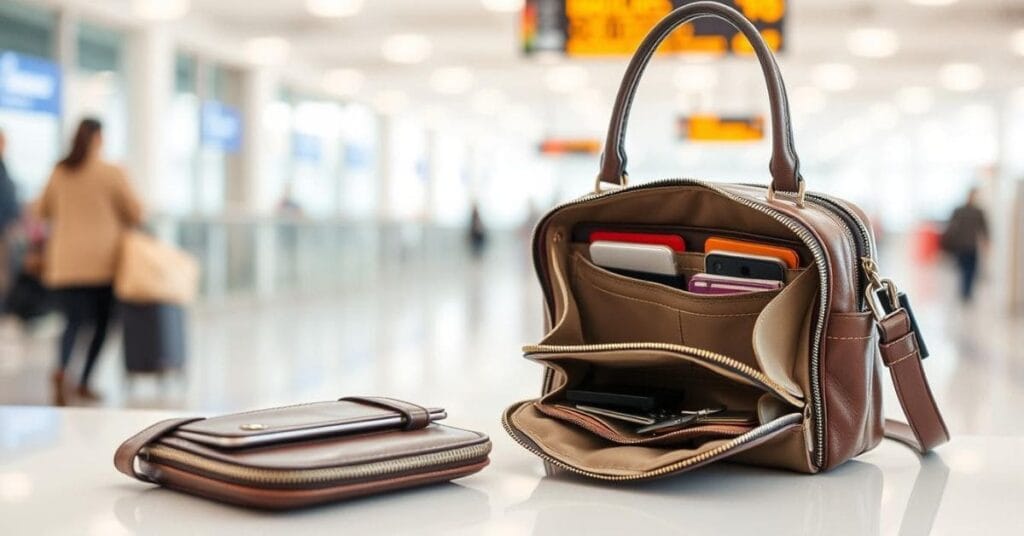 A purse to travel for busy woman shown open on a counter, revealing its stylish, multi-compartment design and organized essentials like cards, a phone, and keys.