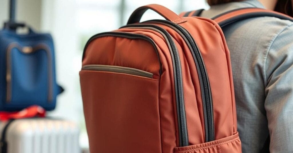 A stylish, burnt orange travel backpack worn by a woman in an airport setting.