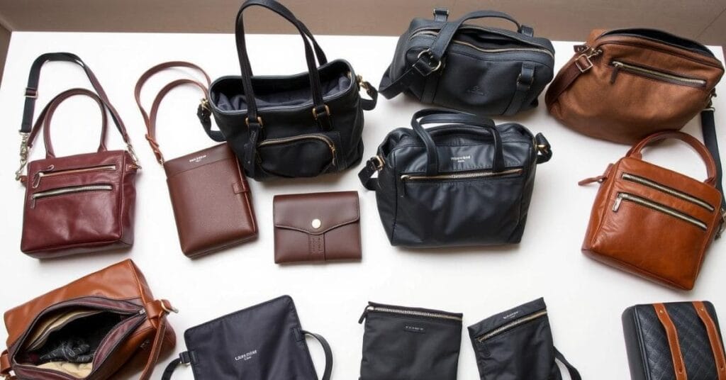 A collection of stylish leather purses and bags, including crossbody bags, totes, and wallets, designed to be the perfect purse to travel for busy woman.