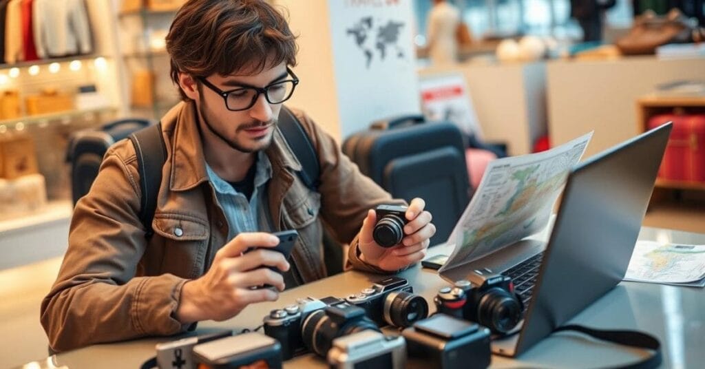 A traveler focused on finding the best compact camera for travel, surrounded by a laptop, camera gear, and a travel map.