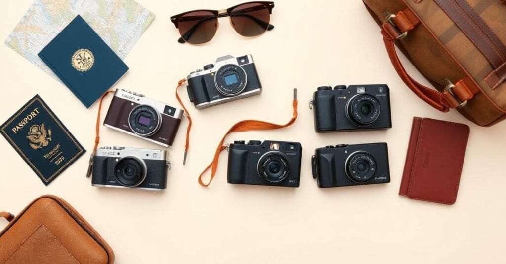 A flat lay of the best compact cameras for travel, featuring cameras, a passport, sunglasses, a map, and a travel bag.